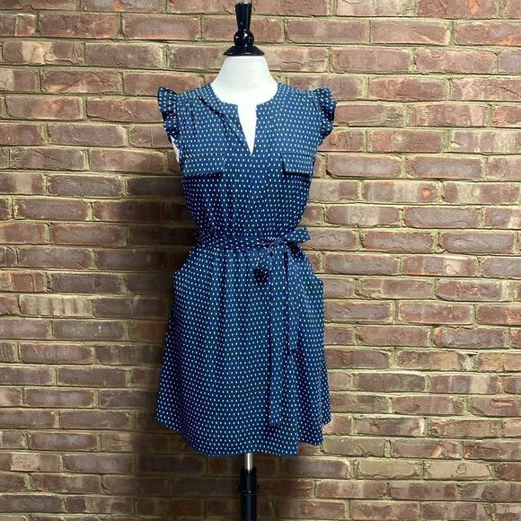 Monteau Navy & White Flutter Sleeve Dress Size Large - Picture 2 of 6